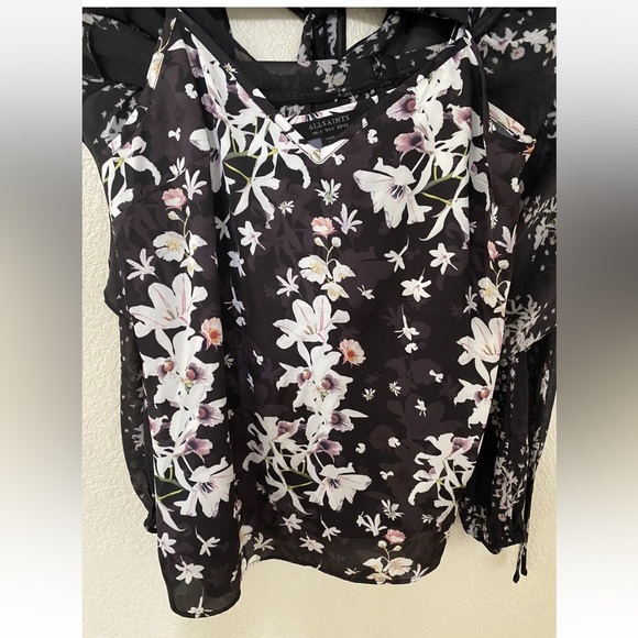 ALLSAINTS satin floral blouse, black/white, sheer with matching camisole, size 0 - Picture 9 of 12